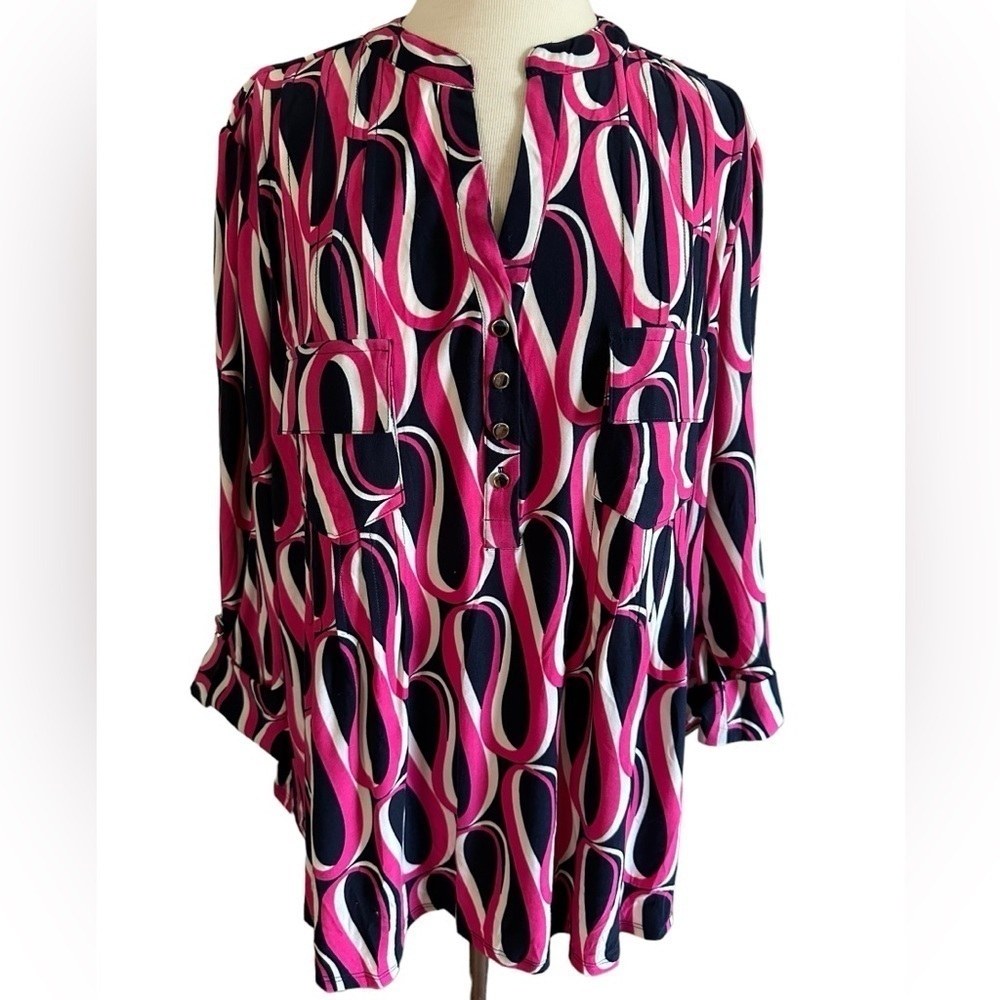 COCOMO 3X Navy Blue Pink Plus Size 3/4 sleeve women's Pintuck Blouse top s…